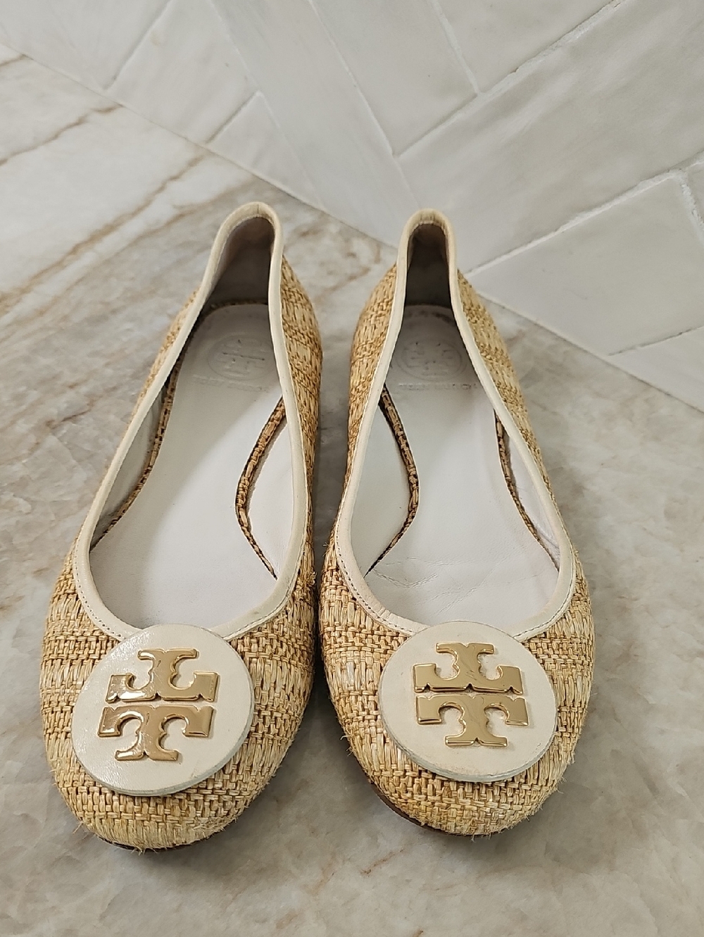 Tory Burch Natural Raffia Ballet Flats with Gold Logo